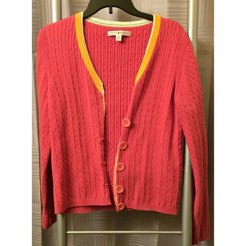 Vintage Tommy Hilfiger Womens Pink Open Cardigan Long Sleeves Knit Cotton Blend‎